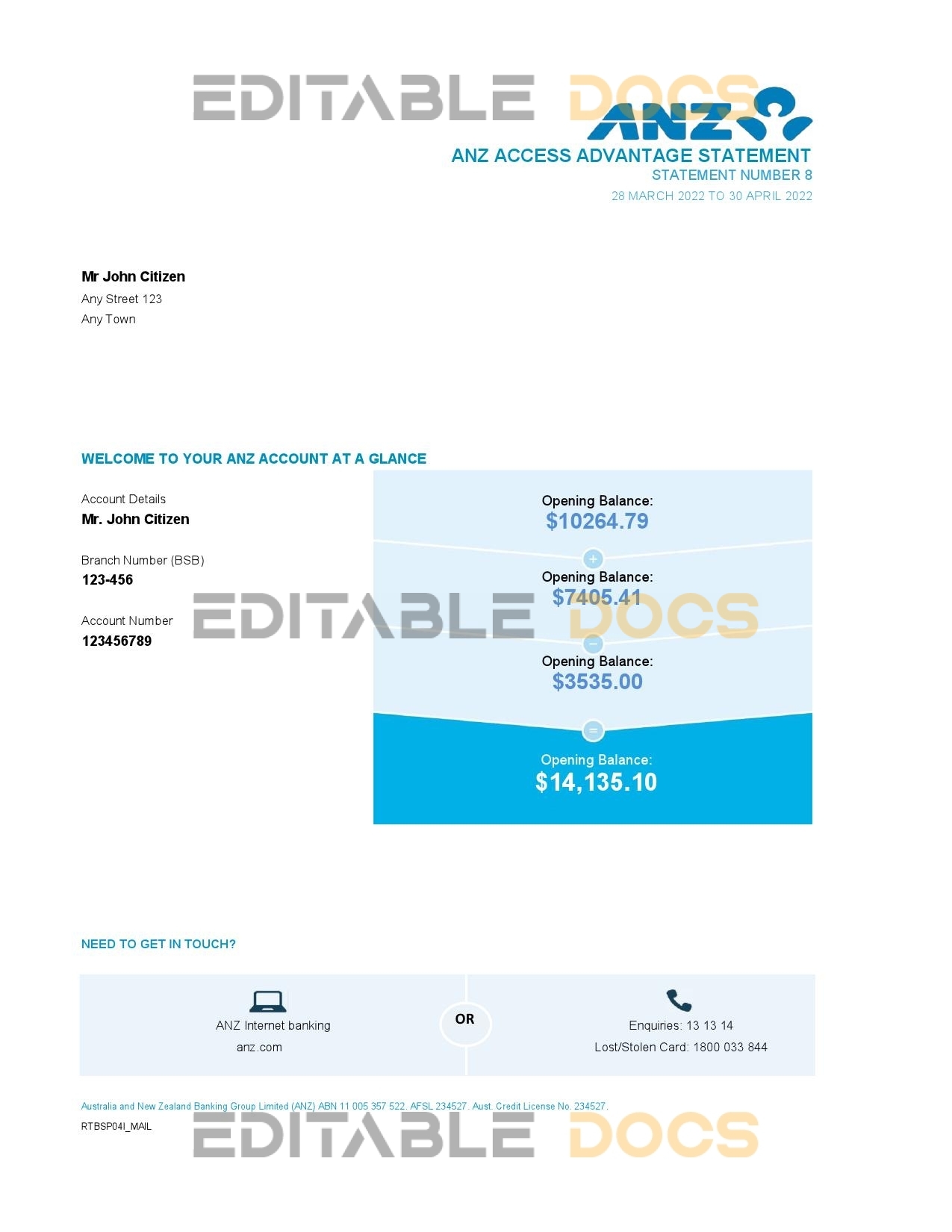 Australia ANZ bank statement easy to fill template in Excel and PDF format, 2 pages