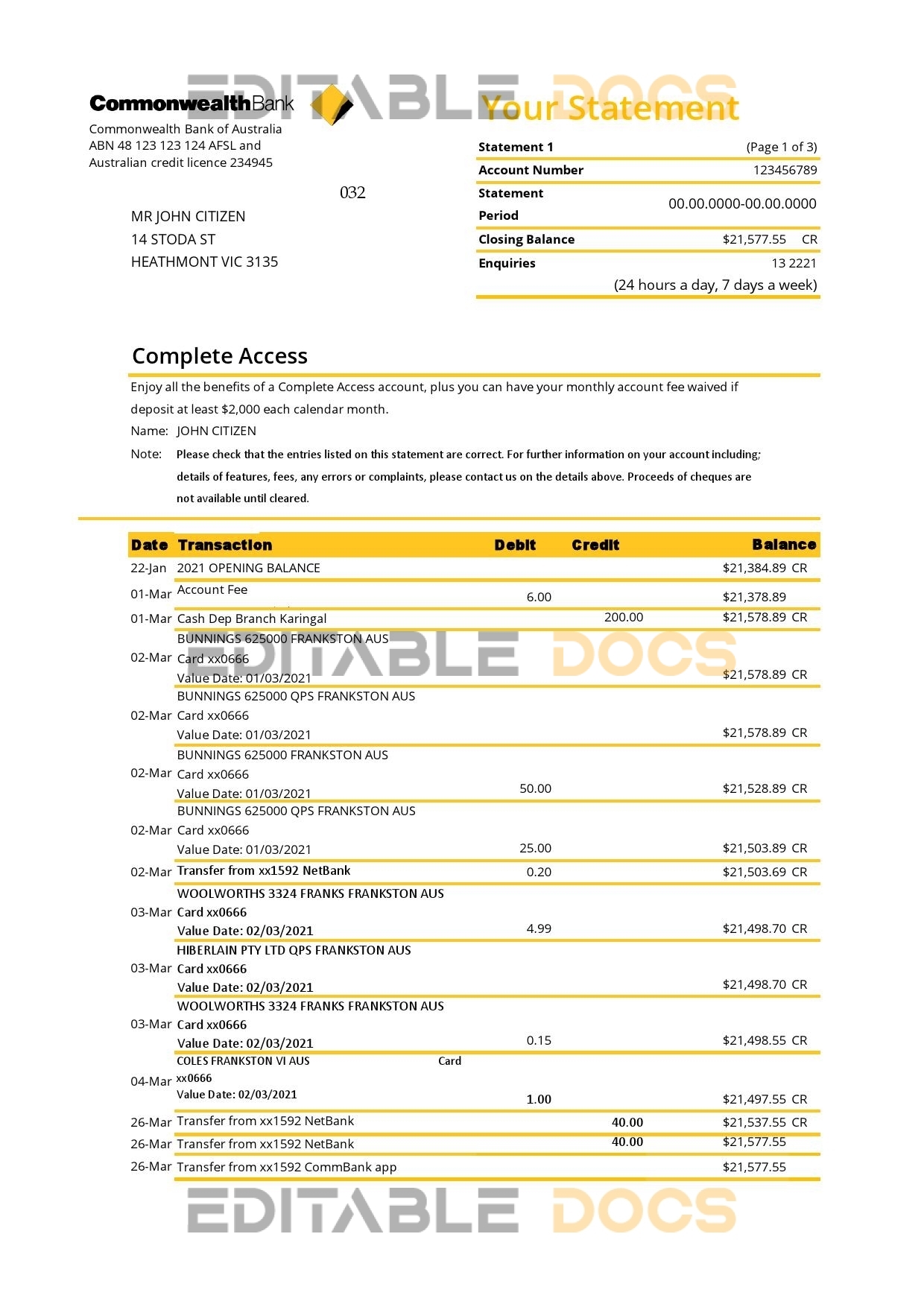 Australia Commonwealth bank statement template in Excel and PDF format (3 pages), version 2
