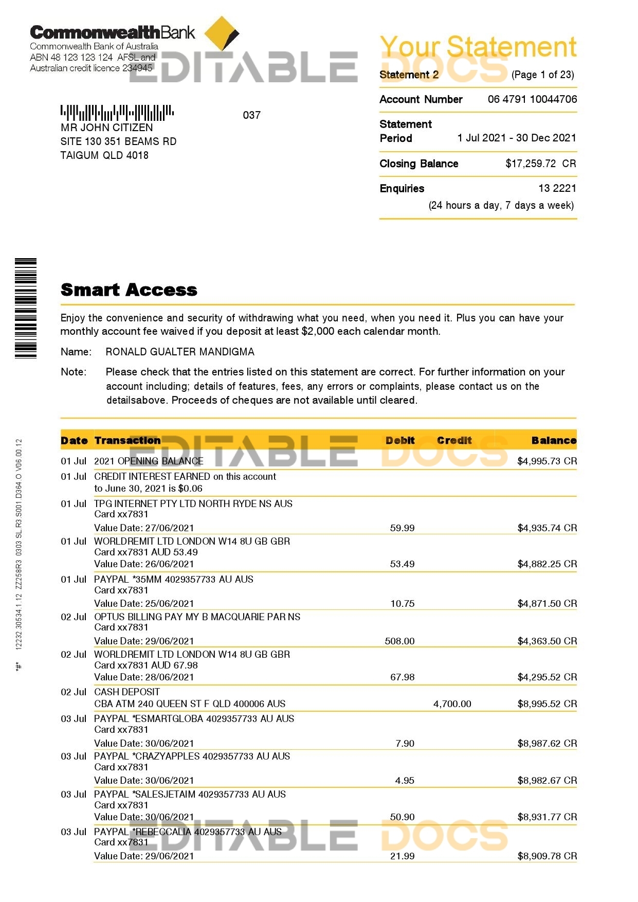 Australia Commonwealth bank statement template in Word and PDF format, 23 pages