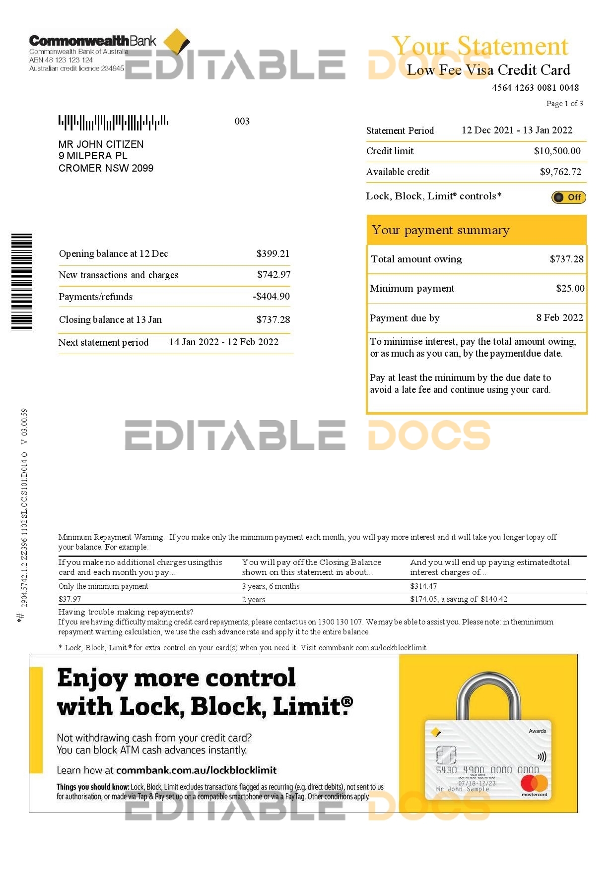 Australia Commonwealth bank statement, Word and PDF template, 3 pages