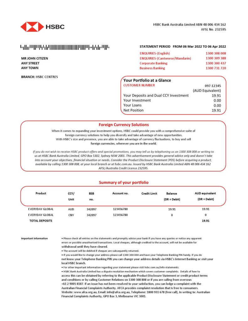 Australia HSBC bank statement easy to fill template in Excel and PDF format, version 2