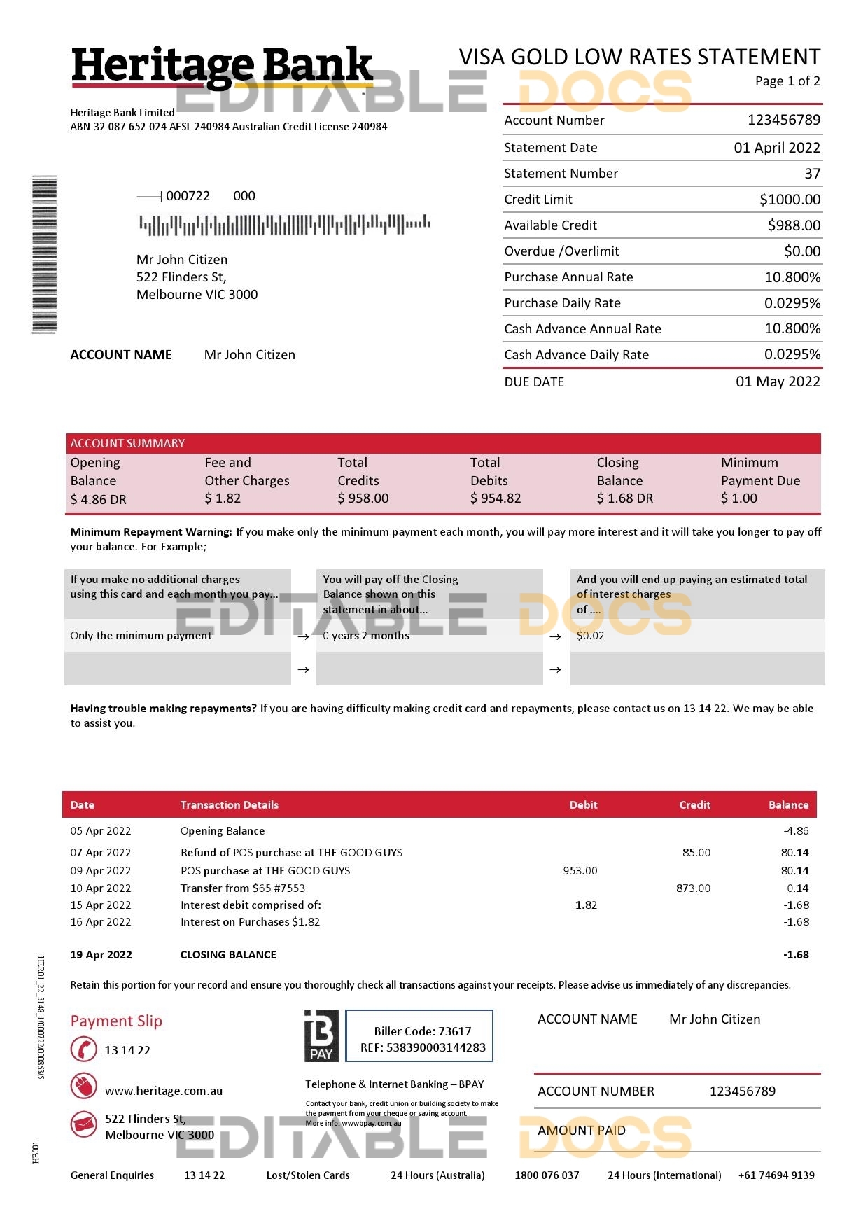 Australia Heritage bank statement Word and PDF template, 2 pages