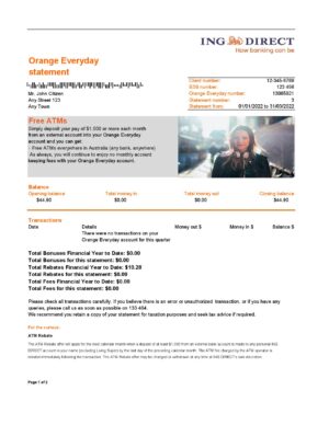 Australia ING Direct bank statement 2 pages 000001