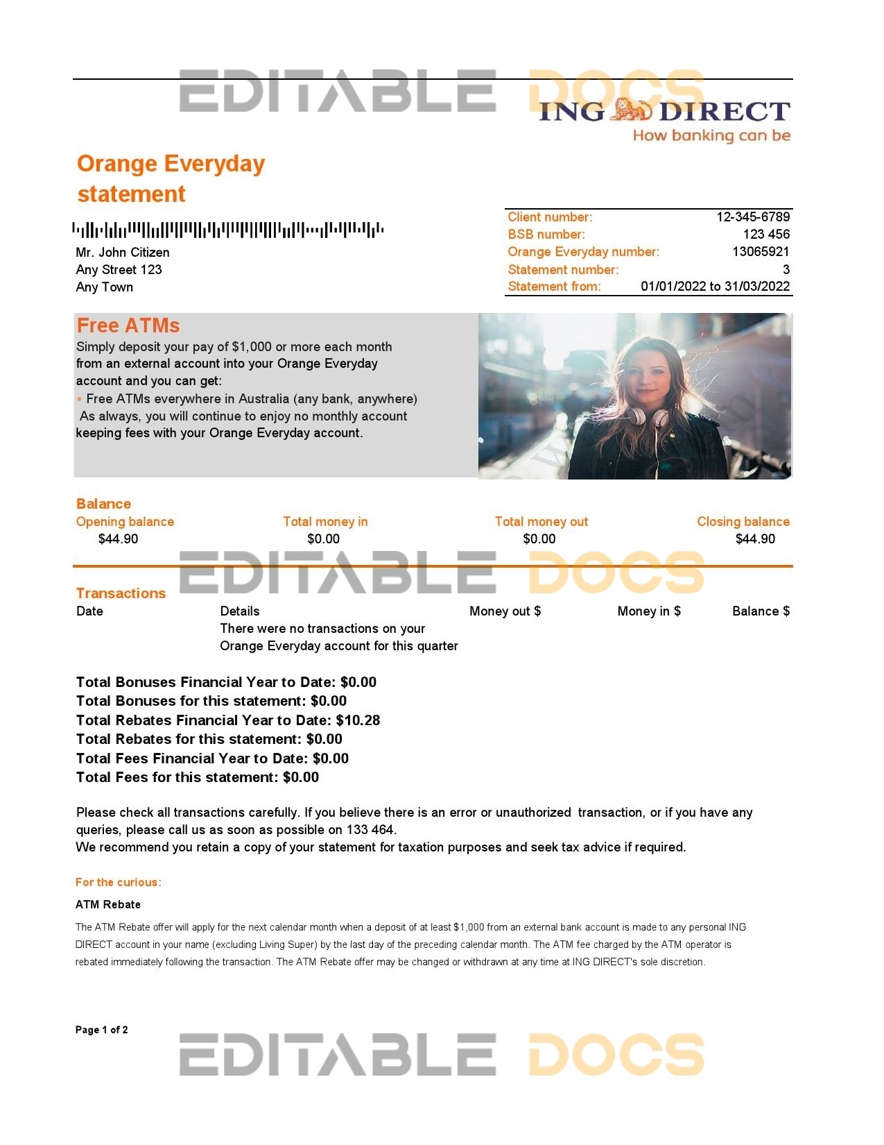 Australia ING Direct bank statement, Excel and PDF template, 2 pages