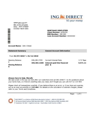Australia ING Direct bank statement easy to fill template in Word and PDF format