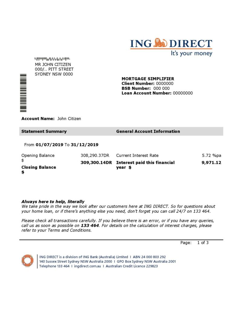 Australia ING Direct bank statement easy to fill template in Word and PDF format