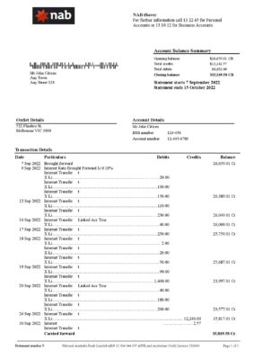 Australia NAB bank statement Word and PDF template, 2 pages