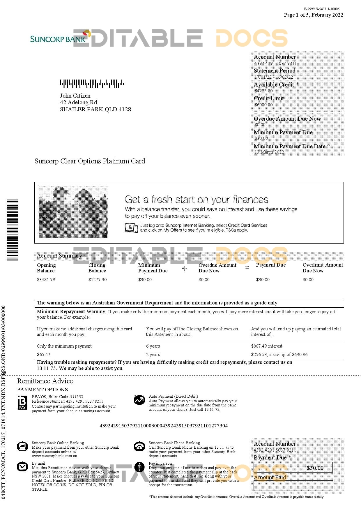 Australia Suncorp bank card account statement, Word and PDF template, 5 pages