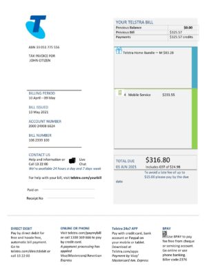 Australia Telstra telecommunications utility bill template in Word and PDF format