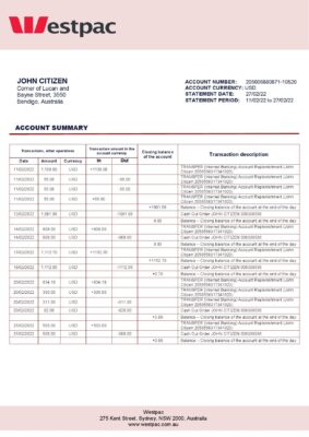 Australia Westpac bank statement template in Word and PDF format