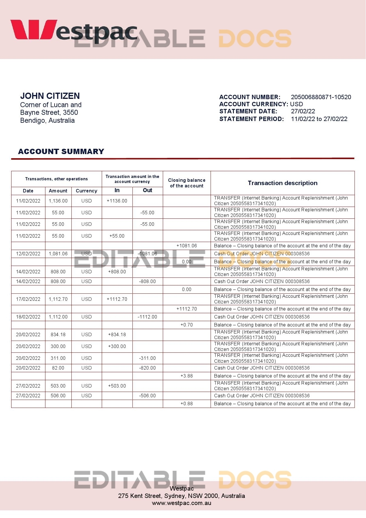 Australia Westpac bank statement template in Word and PDF format