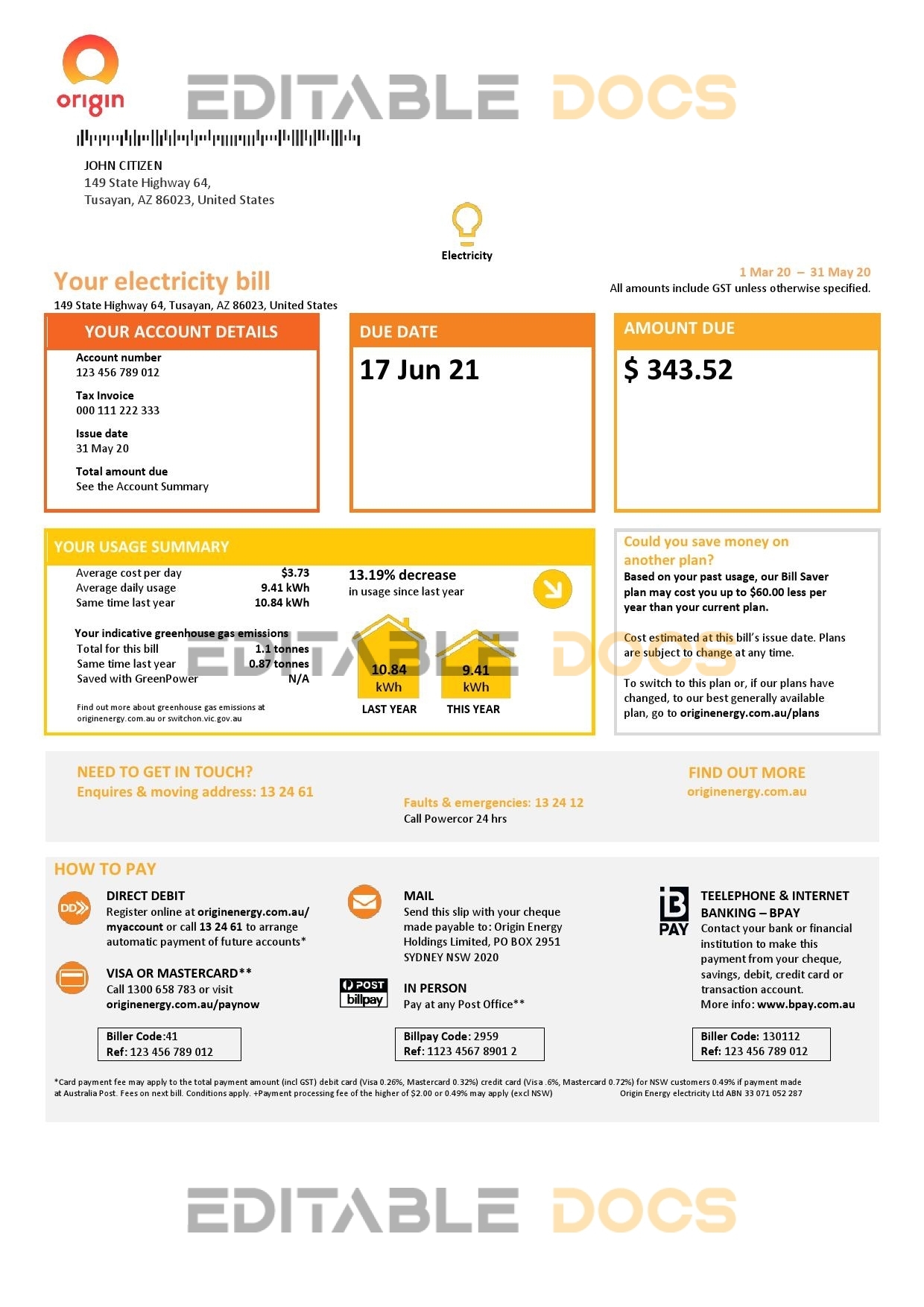 Australia New South Wales (NSW) Origin electricity utility bill template in Word and PDF format, 3 pages