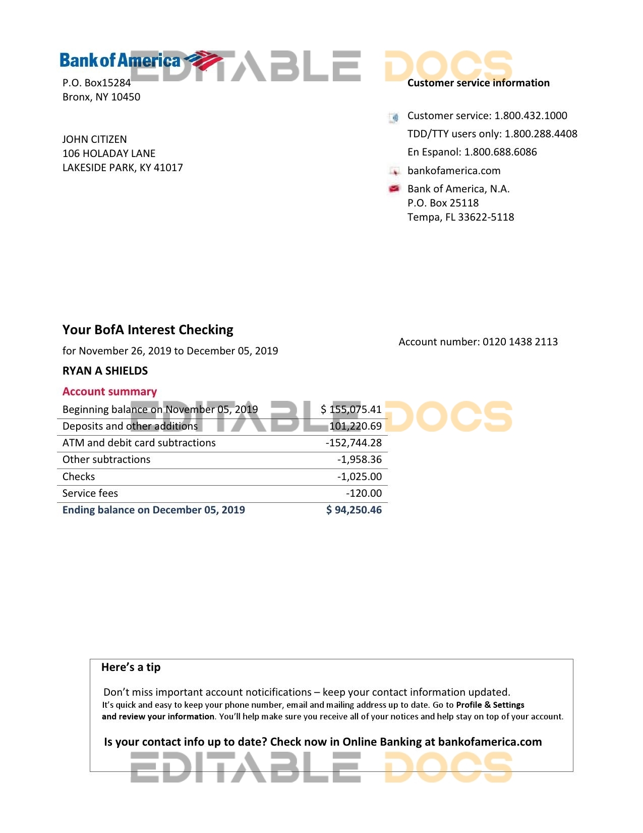 USA Bank of America bank statement easy to fill template in Word and PDF format