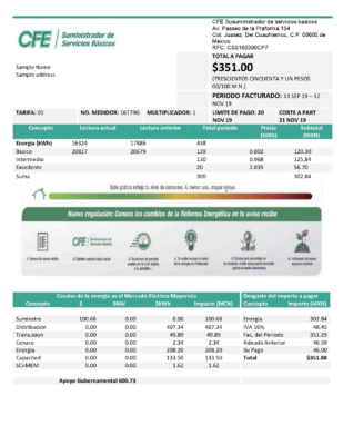 Mexico Electricity CFE utility bill template in Word and PDF format, fully editable