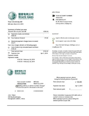 China State Grid Corporation of China electricity utility bill template in Word and PDF format