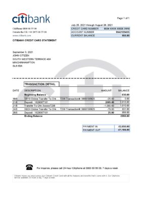 United Kingdom Citibank bank statement template in .xls and .pdf format