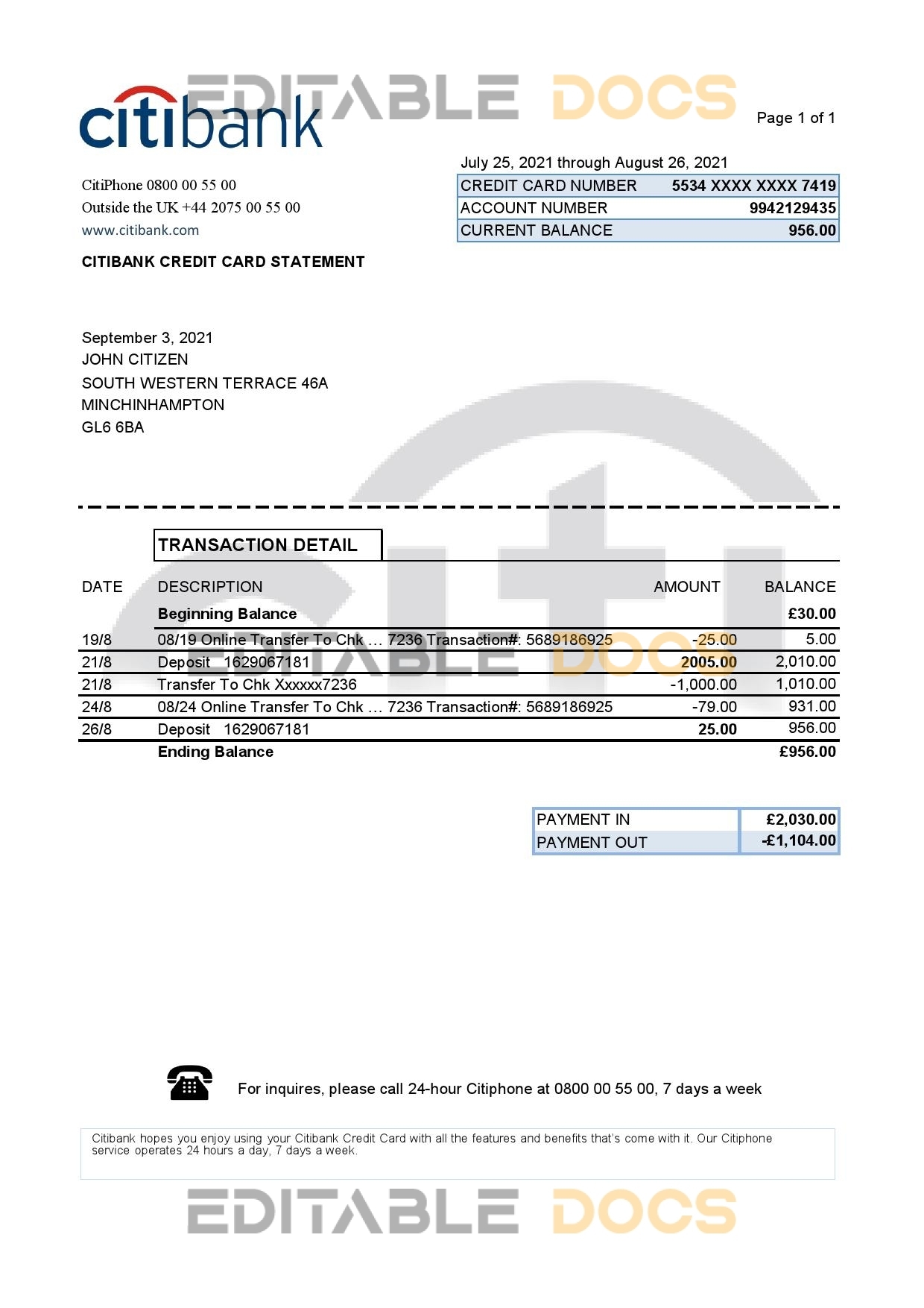 United Kingdom Citibank bank statement template in .xls and .pdf format