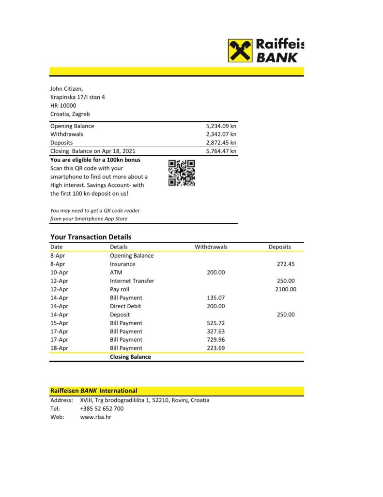 Croatia Raiffeisen Bank statement easy to fill template in .xls and .pdf file format