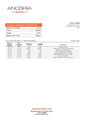 Cyprus Ancoria bank statement template in Word and PDF format