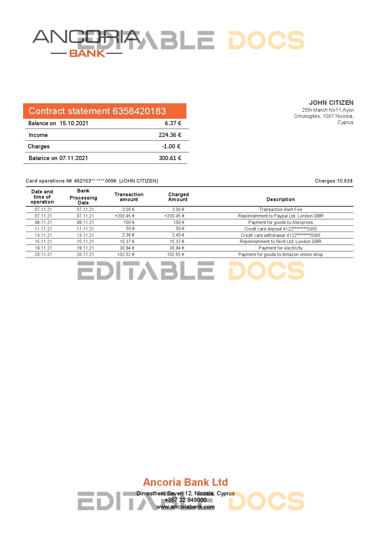 Cyprus Ancoria bank statement template in Word and PDF format