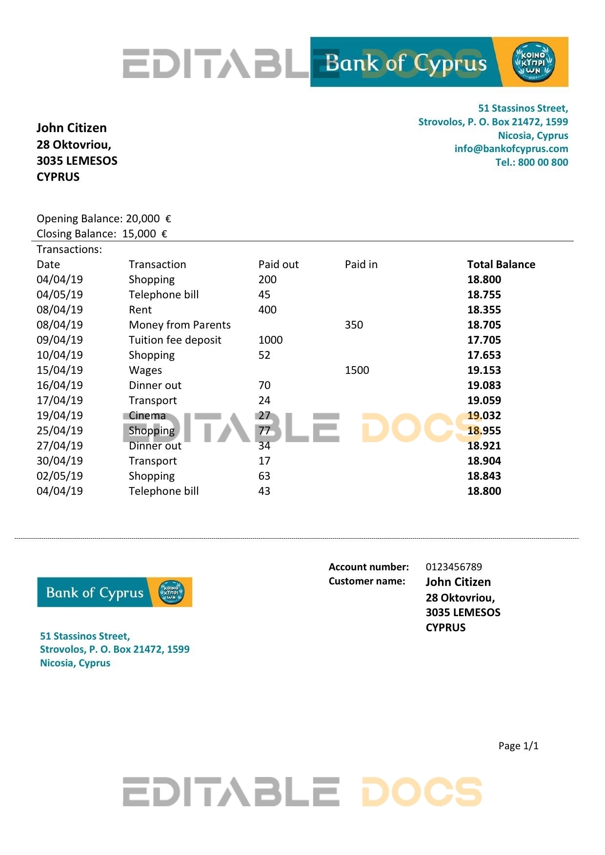 Cyprus Bank of Cyprus proof of address bank statement template in Word and PDF format
