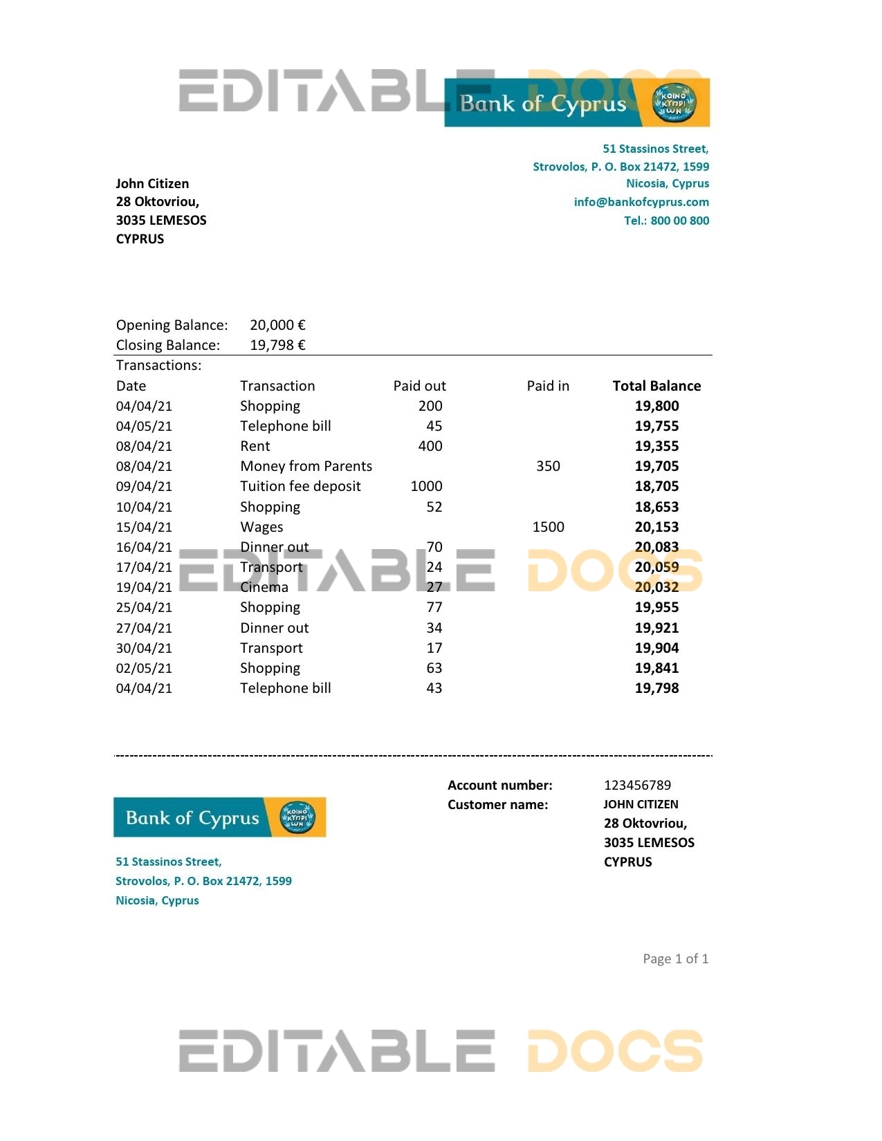 Cyprus Bank of Cyprus bank statement easy to fill template in .xls and .pdf file format