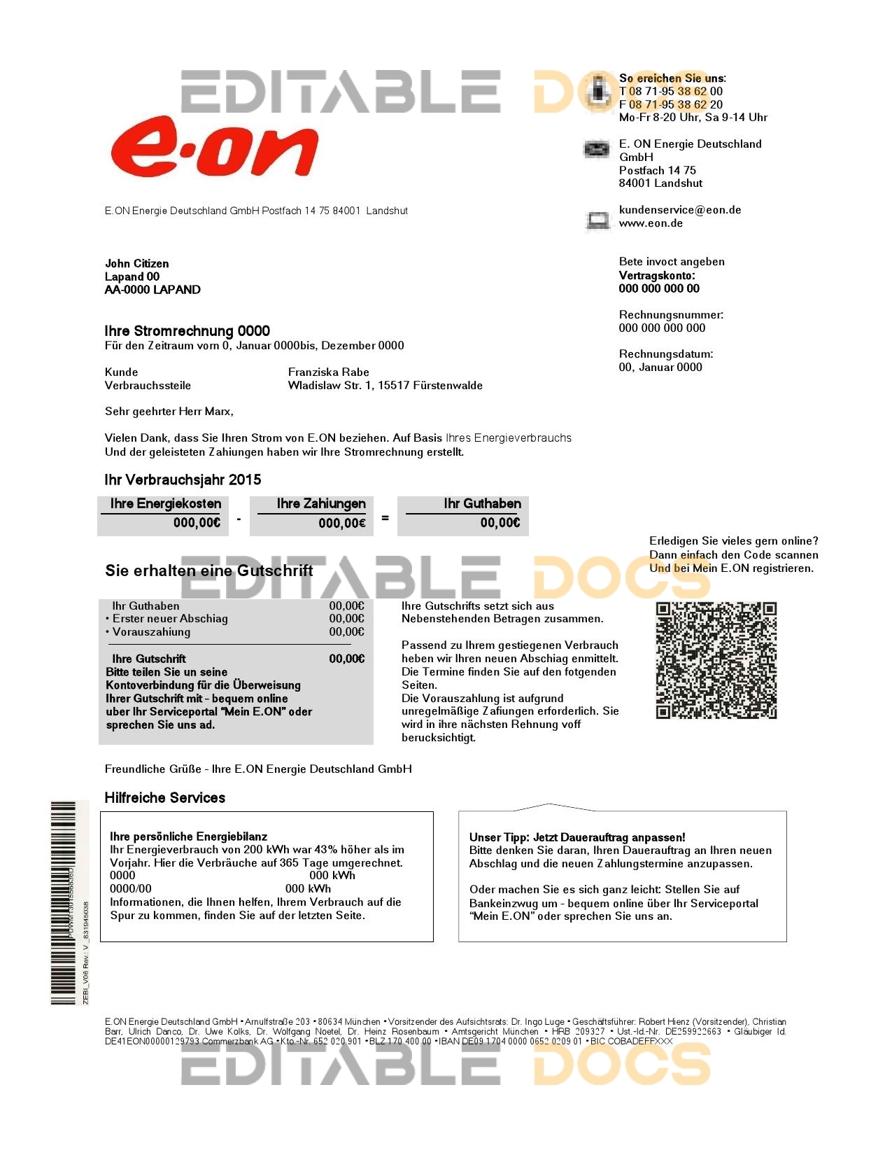 Germany E.ON Energie electricity utility bill template in Word and PDF format