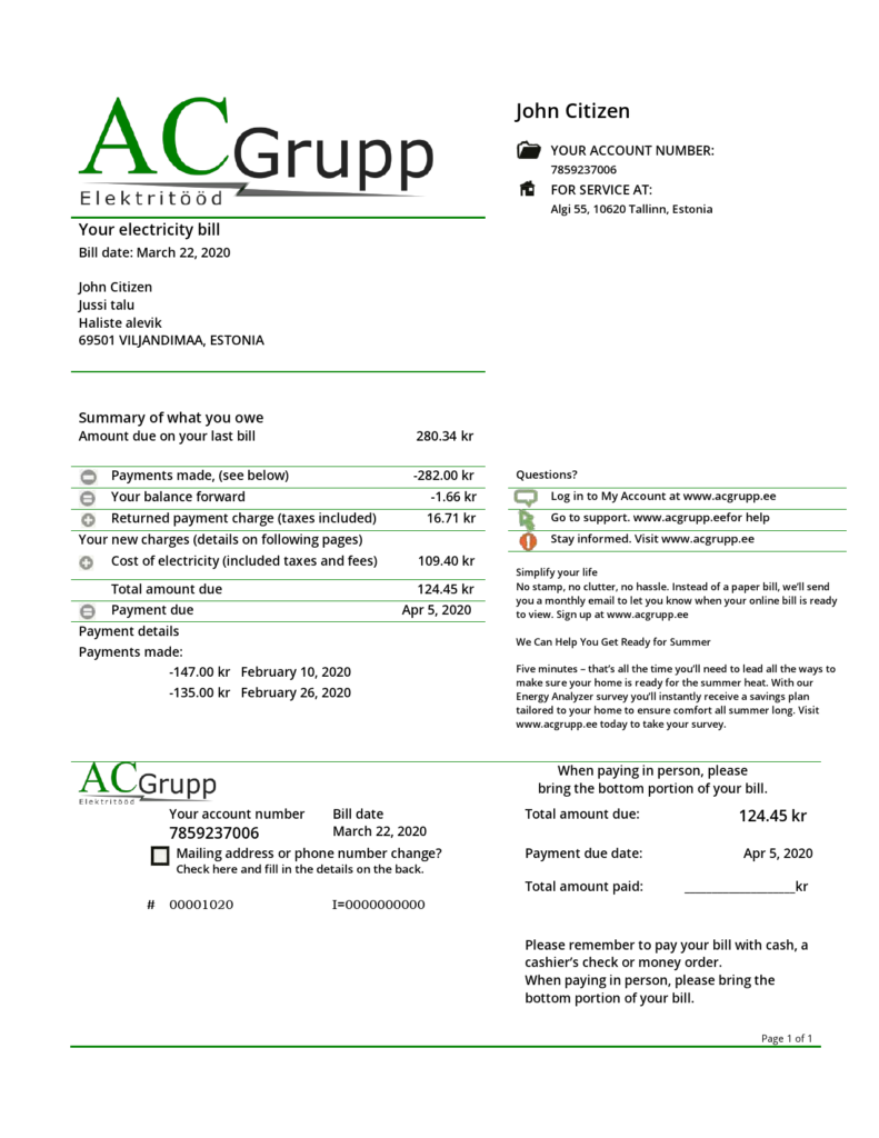 Estonia AC Grupp OÜ electricity utility bill template in Word and PDF format