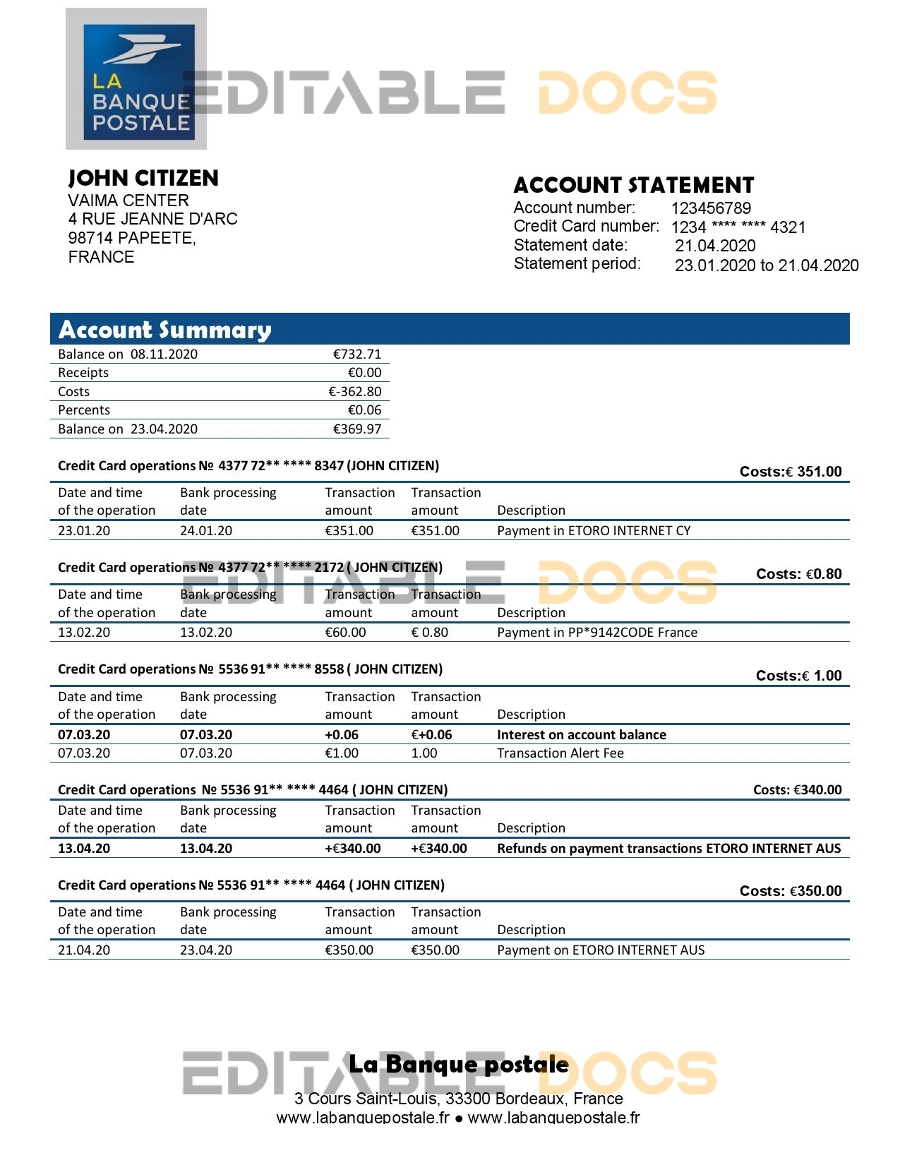 France La Banque Postale bank statement template in Word and PDF format