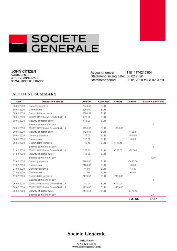 France Société Générale bank statement template in Word and PDF format