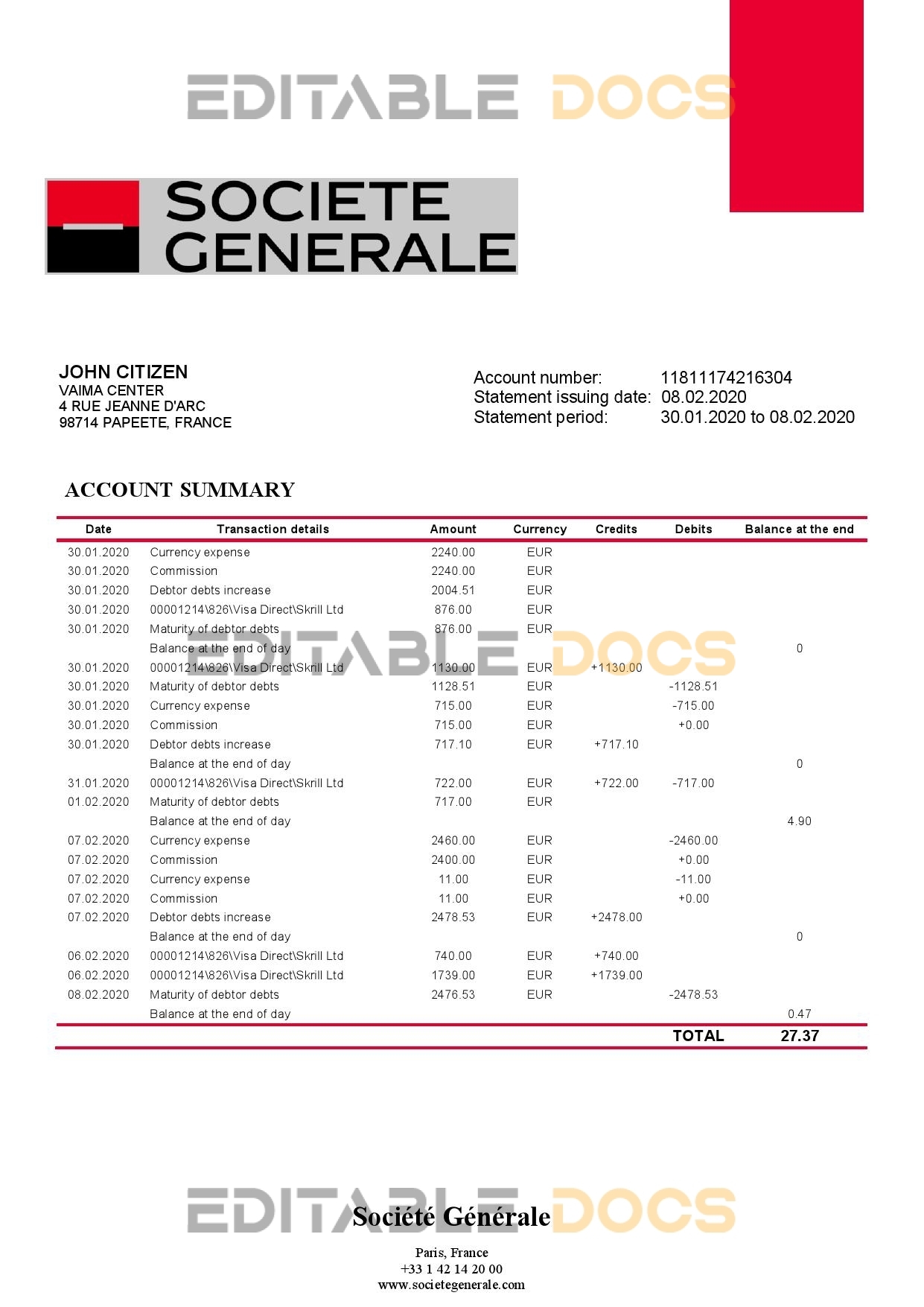 France Société Générale bank statement template in Word and PDF format