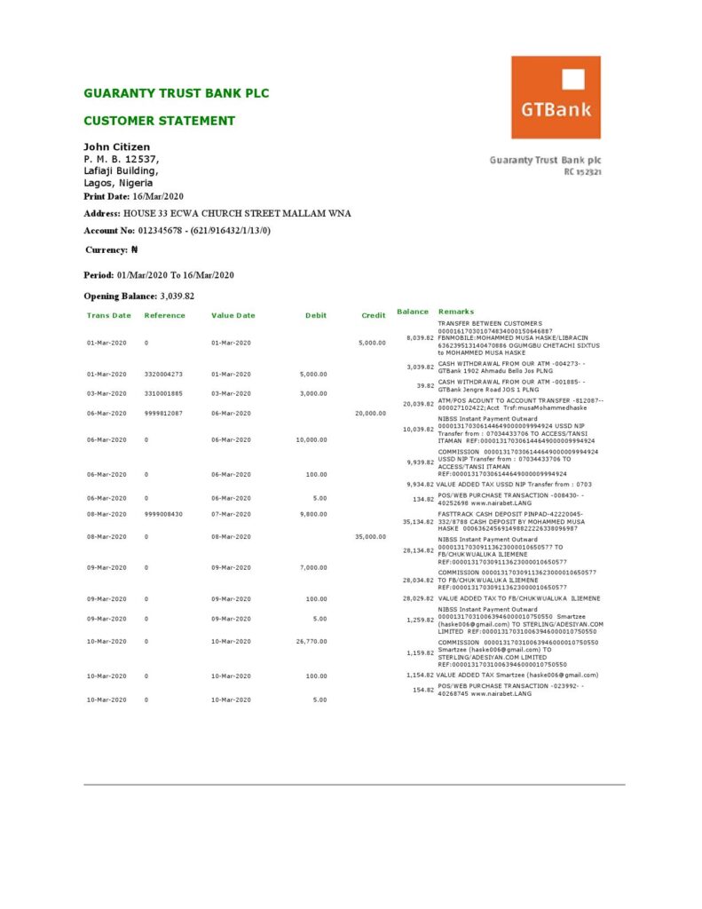 Nigeria GTBank proof of address bank statement template in Word and PDF format