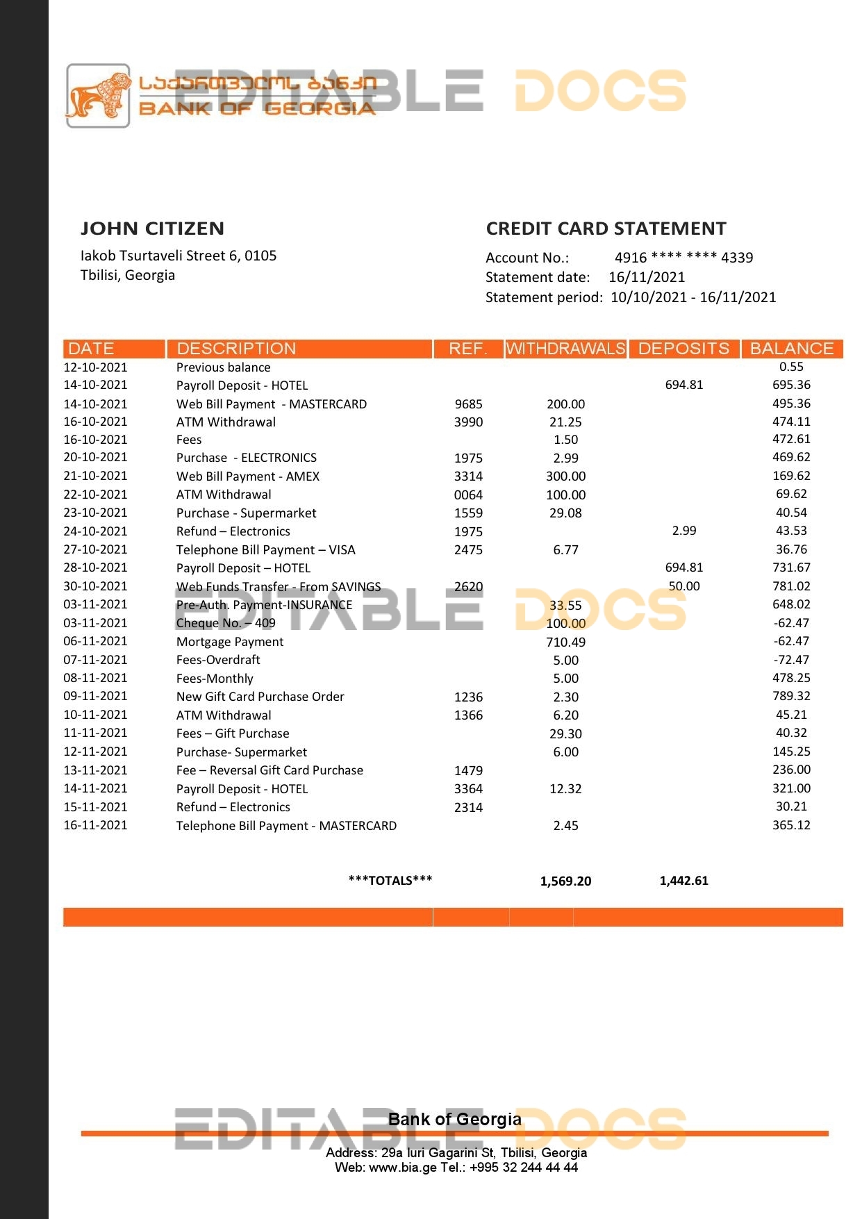 Georgia Bank of Georgia proof of address statement template in Word and PDF format, fully editable