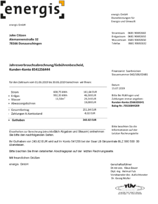 Germany Energis utility bill template in Word and PDF format, fully editable