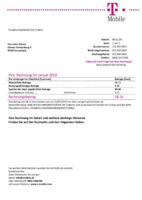 Germany T Mobile utility bill template in Word and PDF format