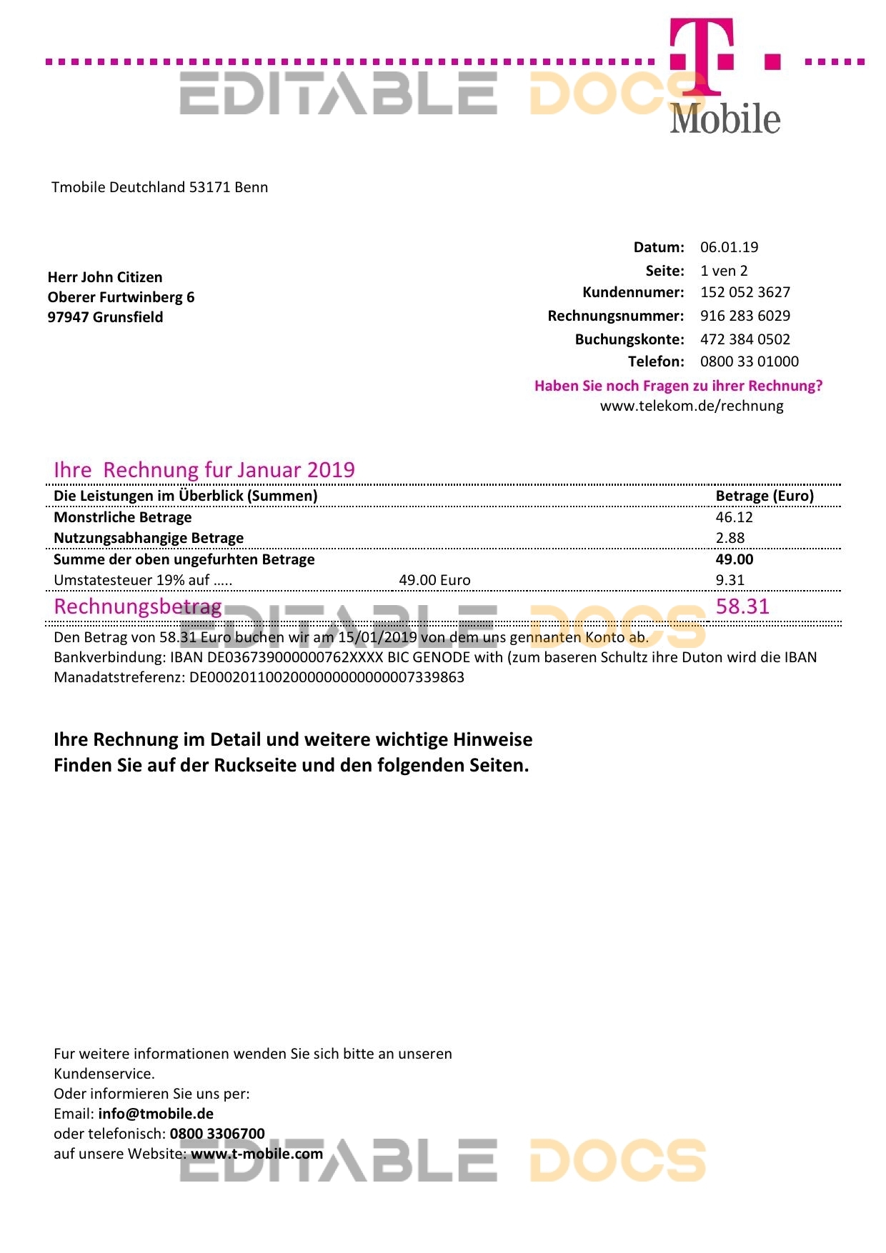Germany T Mobile utility bill template in Word and PDF format