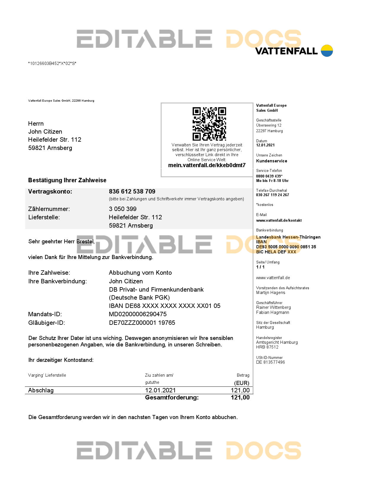 Germany VATTENFALL utility bill template in Word and PDF format (in German language)