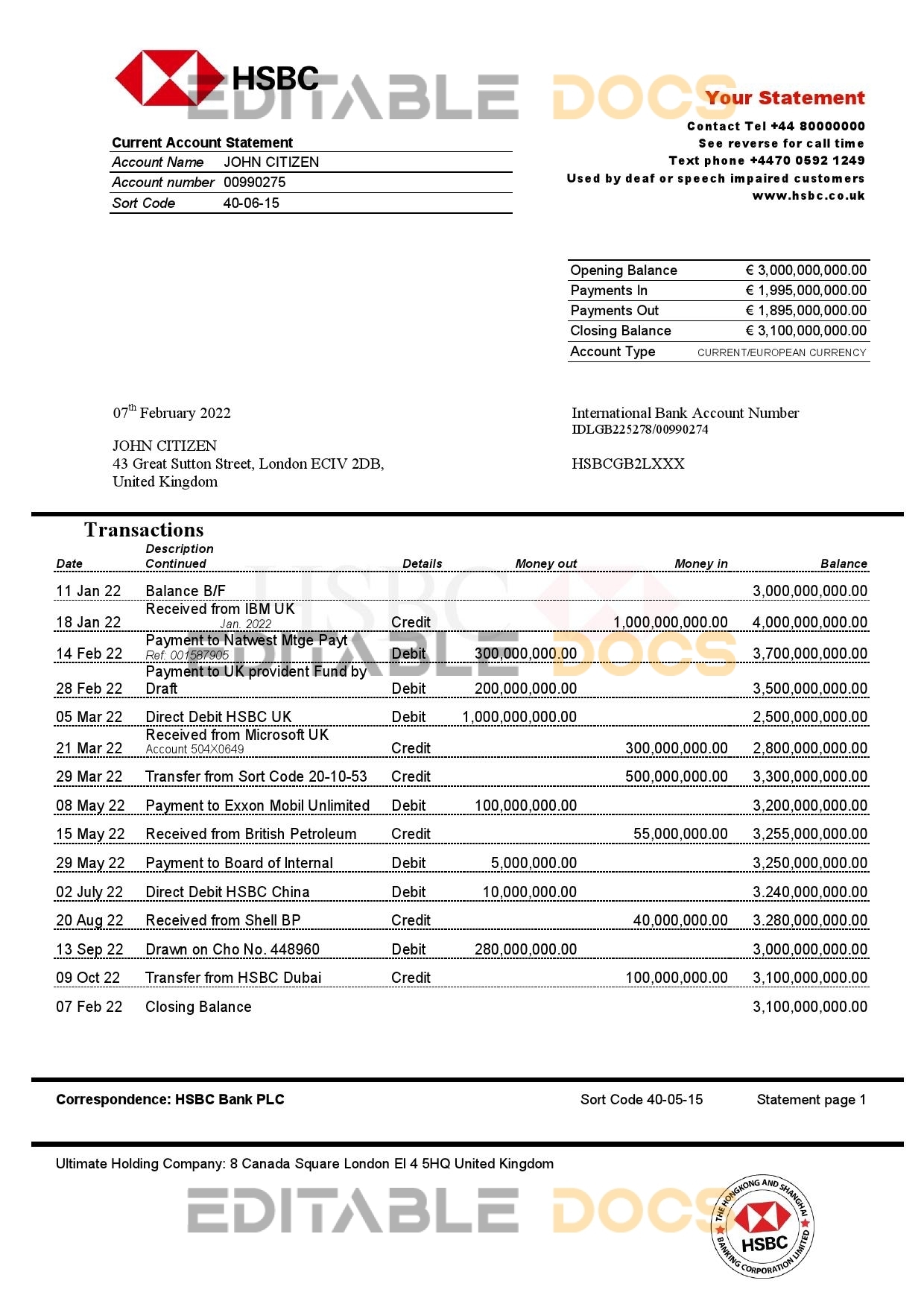 United Kingdom HSBC bank statement Word and PDF template, version 2
