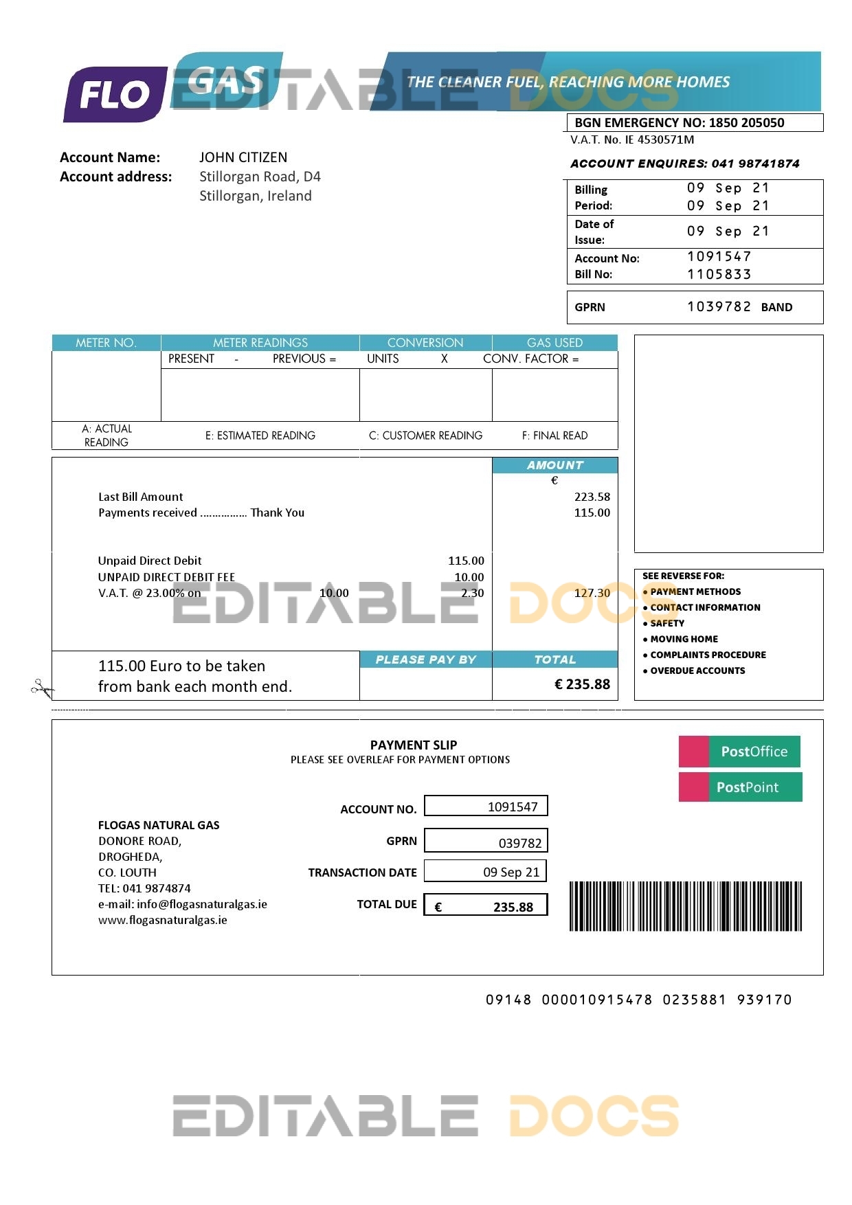 Ireland Flogas Natural Gas utility bill template in Word and PDF format