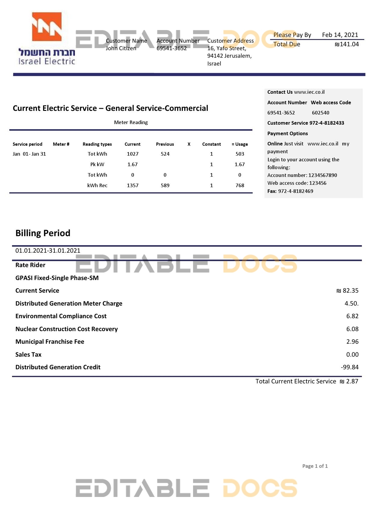 Israel Electric Corporation utility bill template in Word and PDF format (.doc and .pdf)