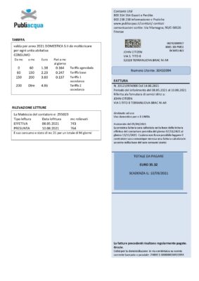 Italy Publiacqua utility bill template in Word and PDF format