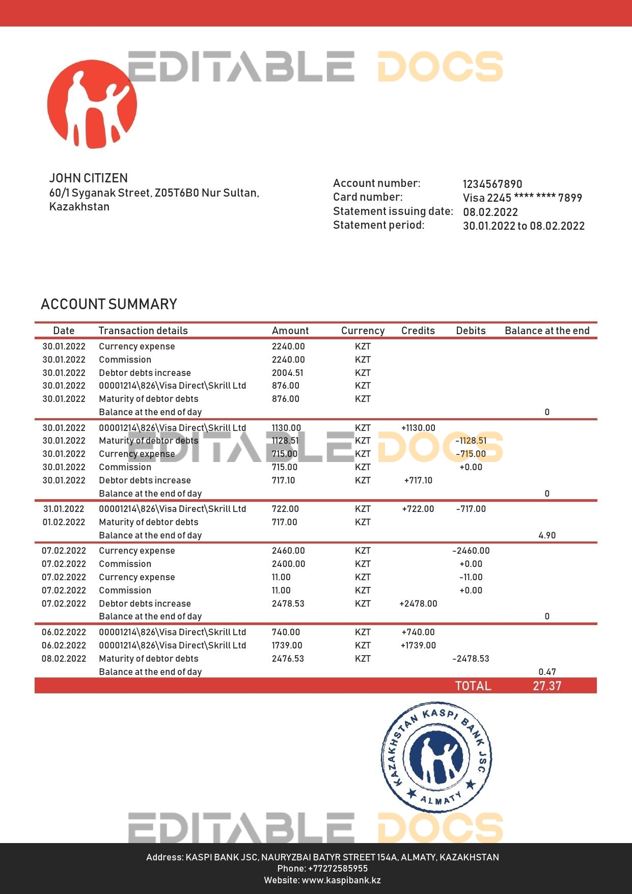 Kazakhstan Kaspi Bank statement template in Word and PDF format