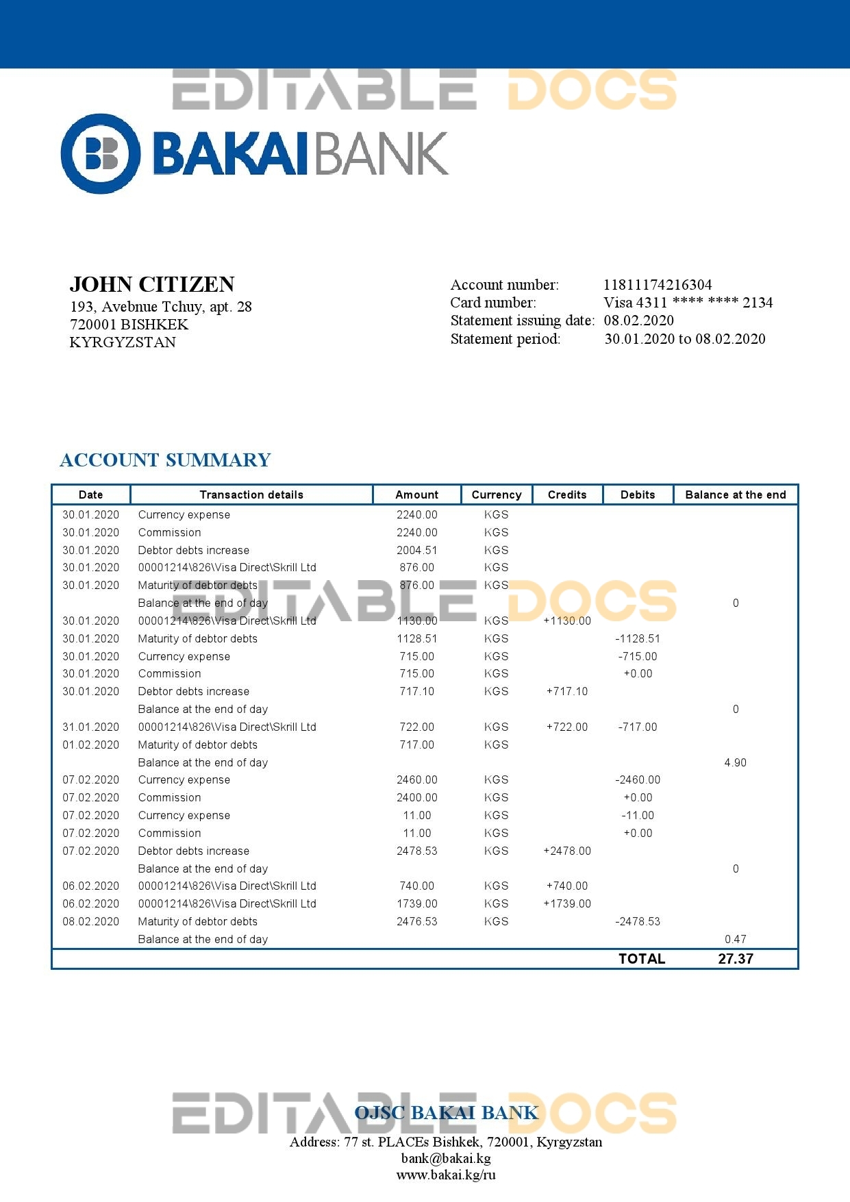 Kyrgyzstan OJSC Bakai Bank proof of address bank statement template in Word and PDF format