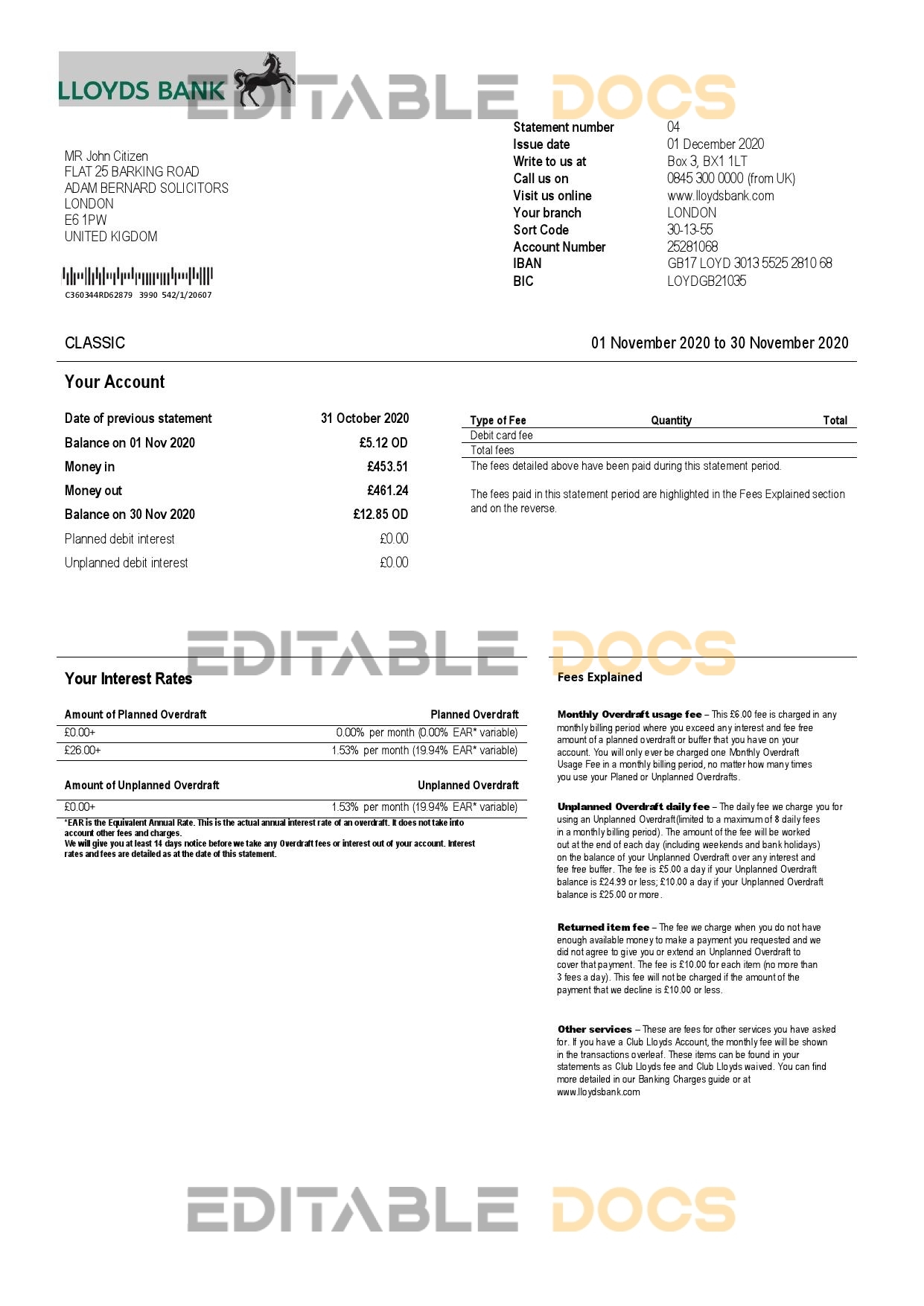 United Kingdom Lloyds bank statement template in Word and PDF format, good for address prove (2 pages)