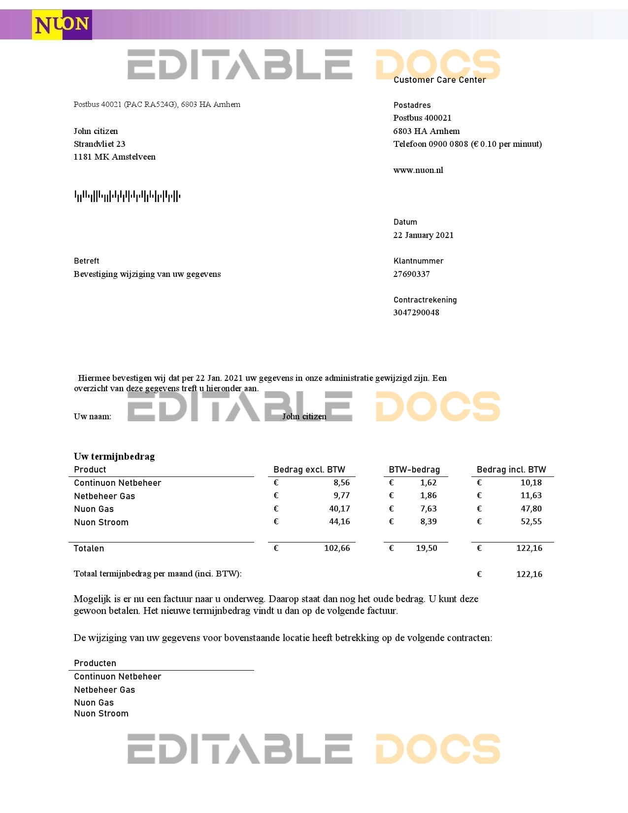 Netherlands NUON gas utility bill template in Word and PDF format in Dutch language