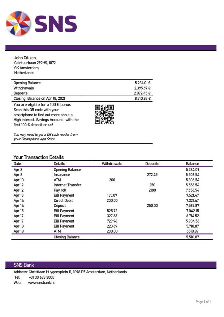 Netherlands SNS bank statement template in Word and PDF format