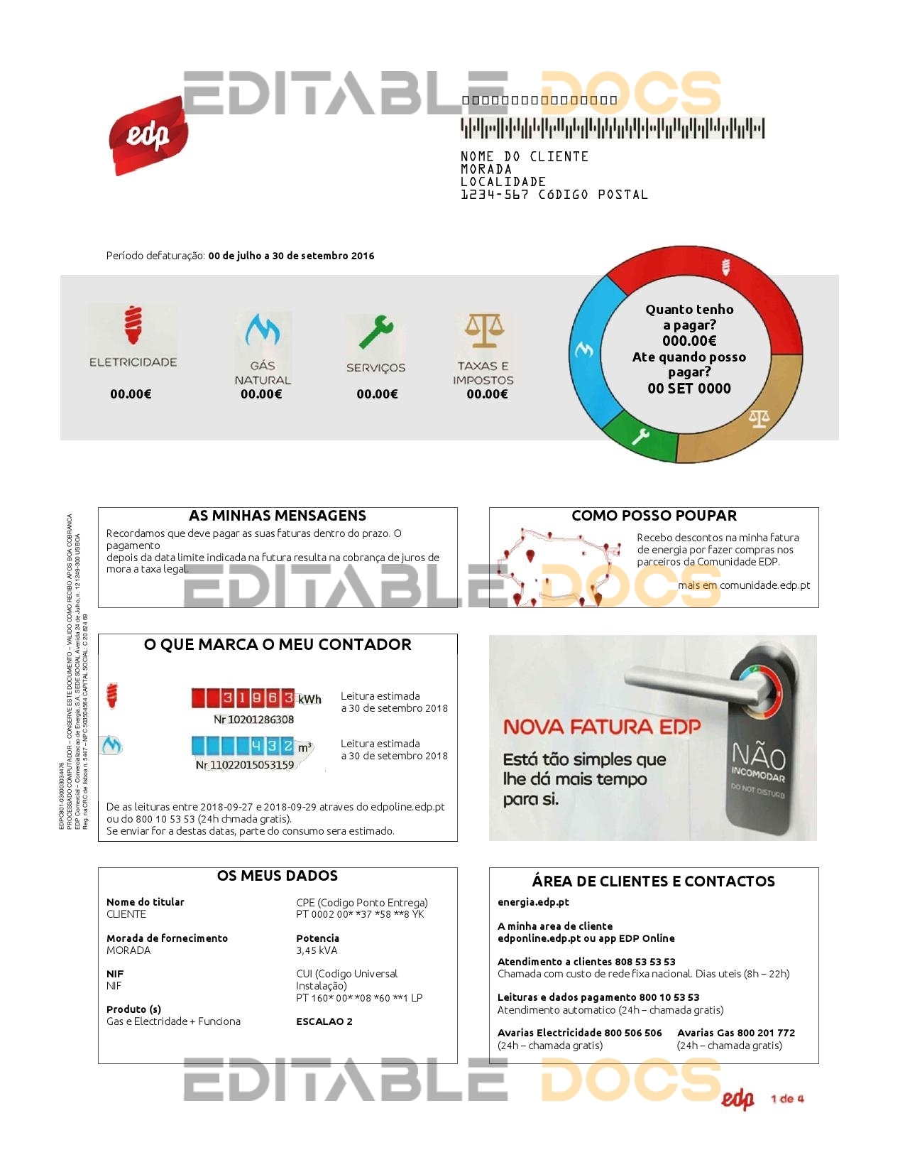 Portugal EDP utility bill template in Word and PDF format, good for address prove