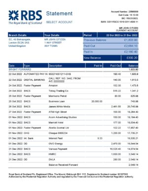 United Kingdom Royal Bank of Scotland (RBS) bank statement, Word and PDF template