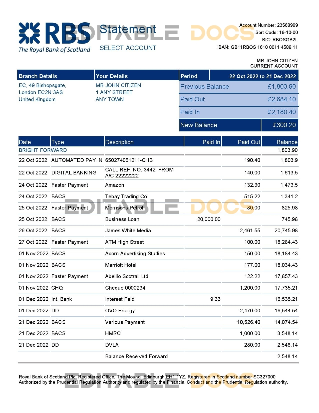 United Kingdom Royal Bank of Scotland (RBS) bank statement, Word and PDF template