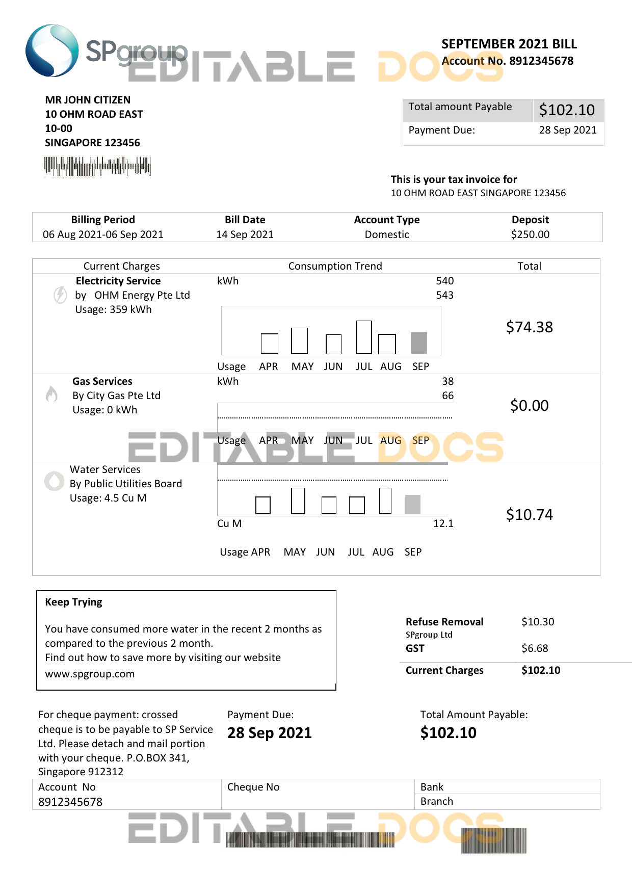 Singapore SP Group utility bill template in Word and PDF format (2 pages)